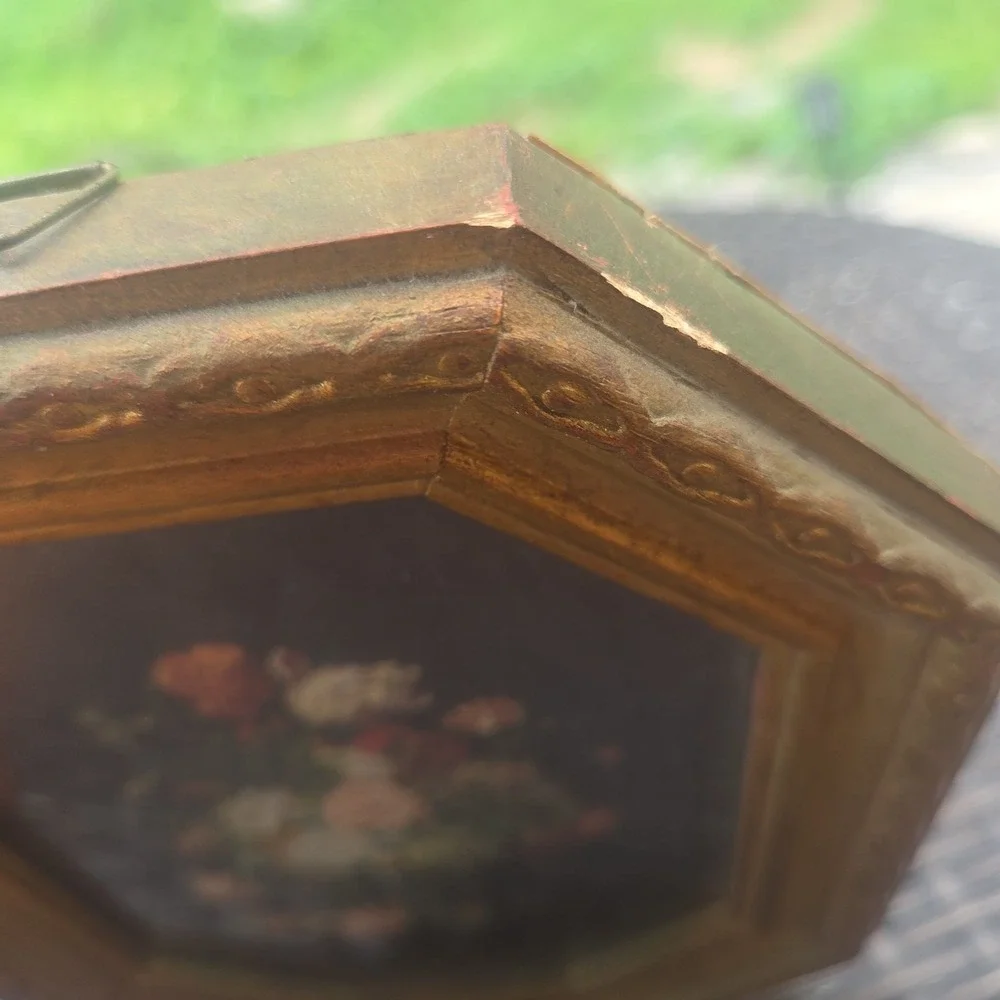 Vtg Florentine Italy Ornate Gold Wood Frame Octagon Glass Floral Print Cottage